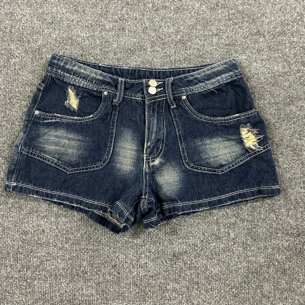 Unbranded Denim Shorts Womens Size 28 Dark Wash Distressed Double Button Casual